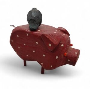 Folk Art Wooden Pig Figurine • Red Polka Dot Whimsy •Handcrafted Farmhouse Decor